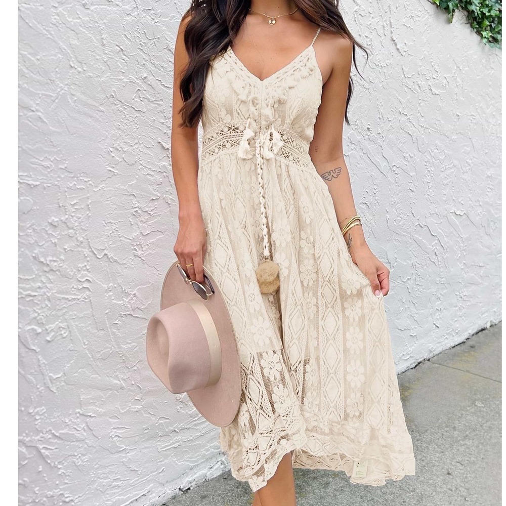 Cupshe Astrid Sleeveless V-neck Tassel Ruching Dress Women XS Boho Chic Ethereal